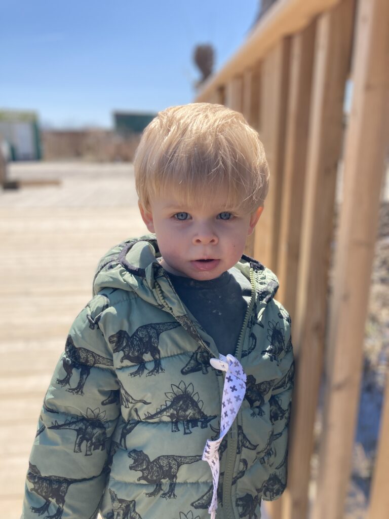 son hugging rail on the boardwalk at heartland forest